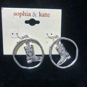 Sophia & Kate Cowboy boot fishhook earrings, silver tone,open hoop, drop